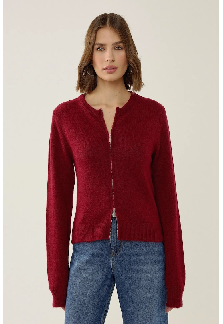 Cardigan tricotat cu fermoar - rosu - acril
