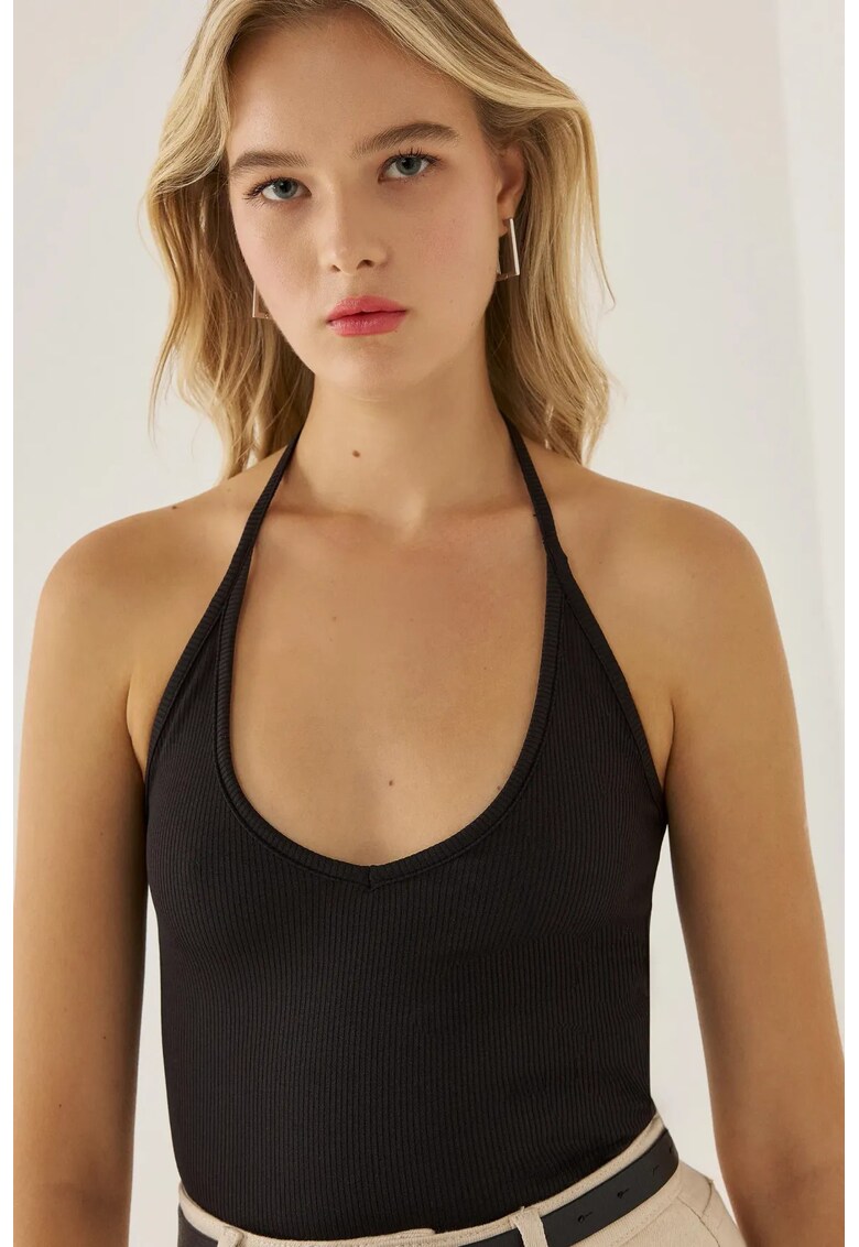 Top scurt - jerseu cu decolteu Halter - negru - poliester