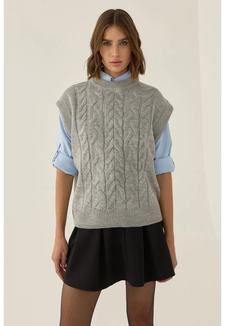 Vesta tricotata - model cu impletitura - gri - acril