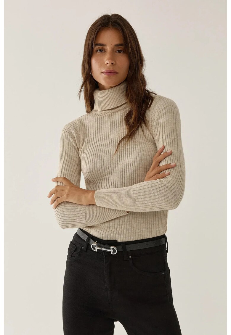 Pulover dama slim fit - guler inalt - natur - tricot acrilic