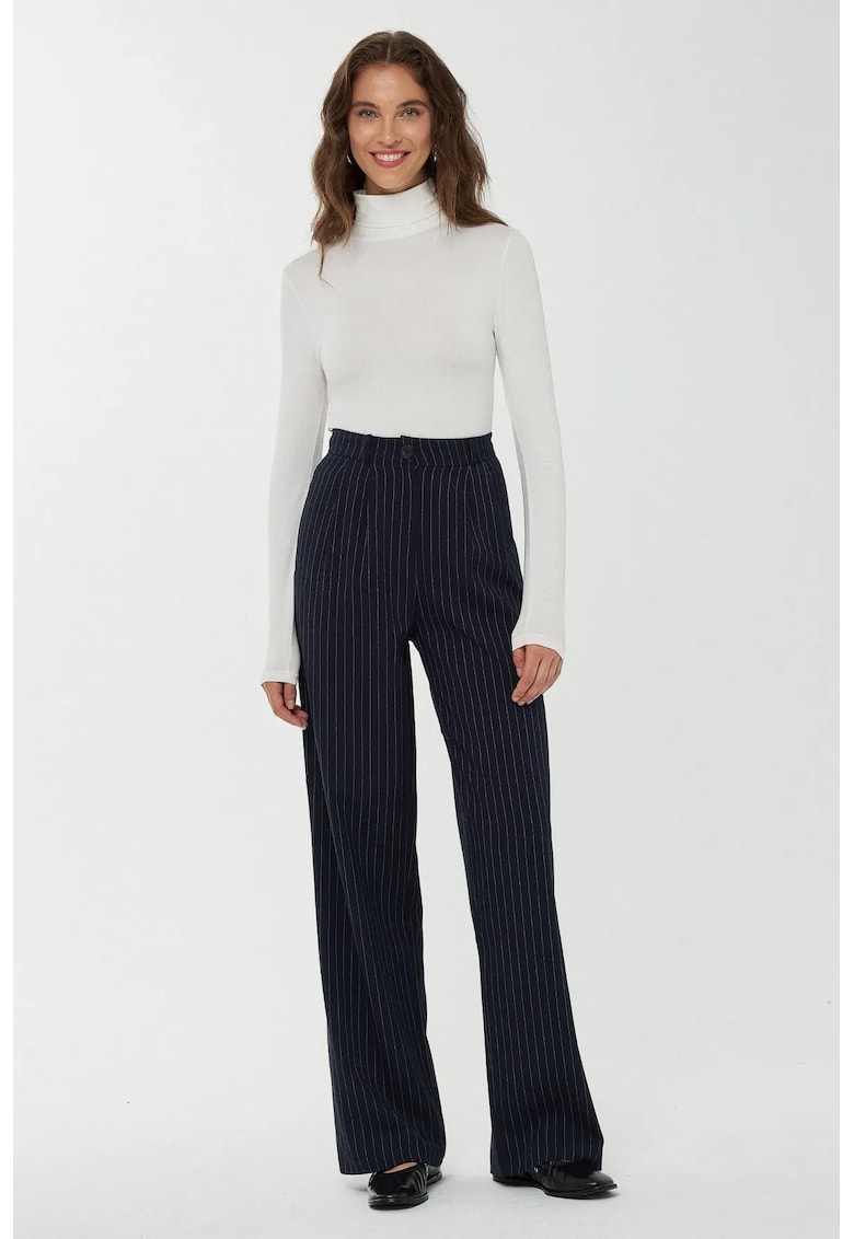 Pantaloni dama - drepti cu talie inalta - dungi - albastri - poliester