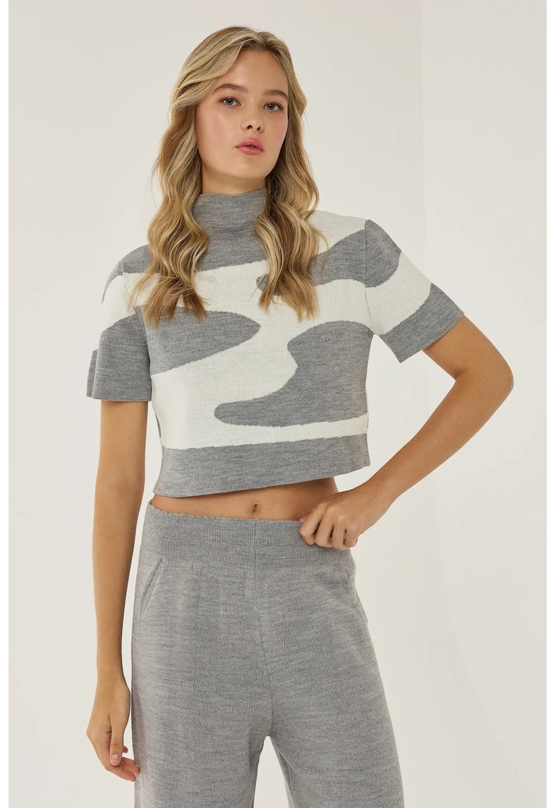 Pulover dama - tricotat abstract - alb-gri - acril