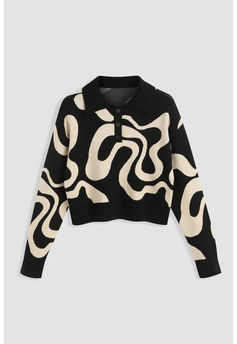 Pulover tricotat jacquard - guler polo - negru - acril