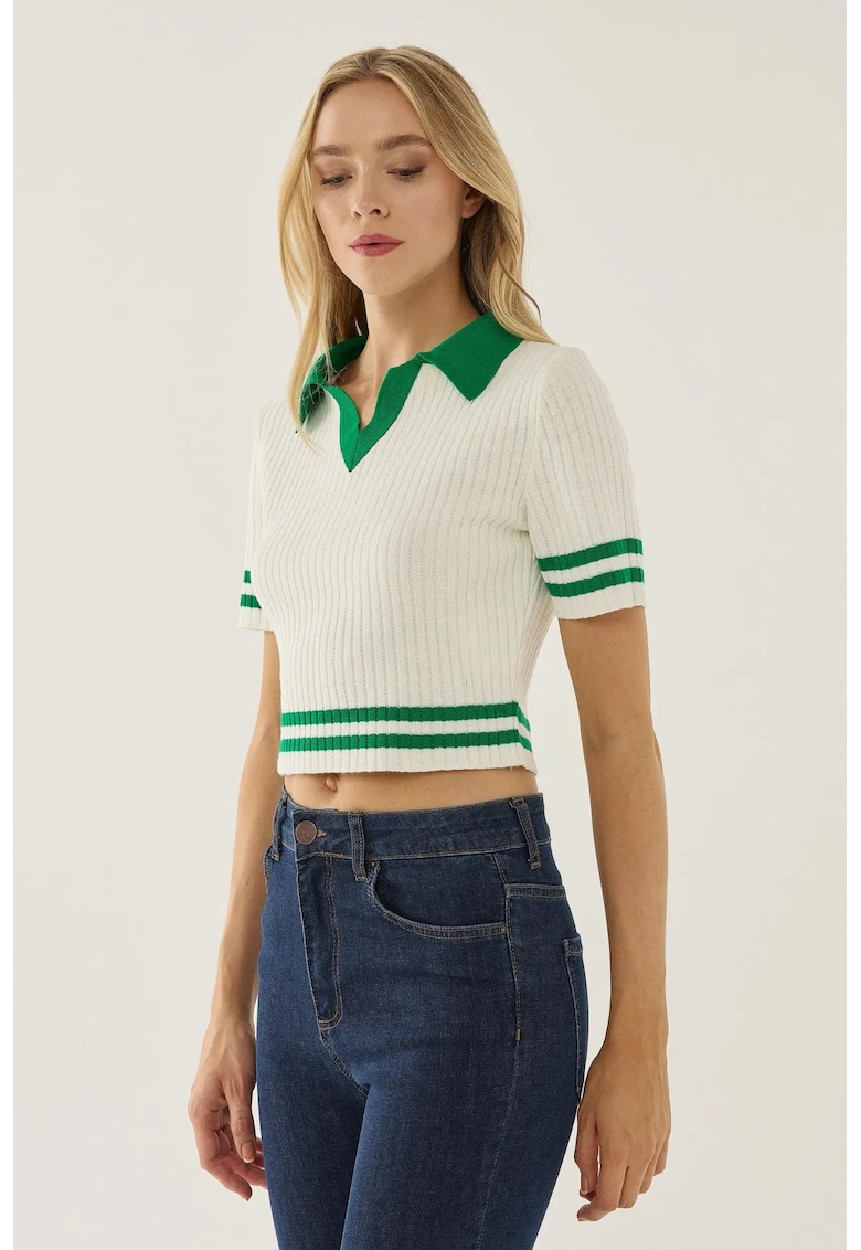 Top tricotat - color block - guler camasa - alb - acril