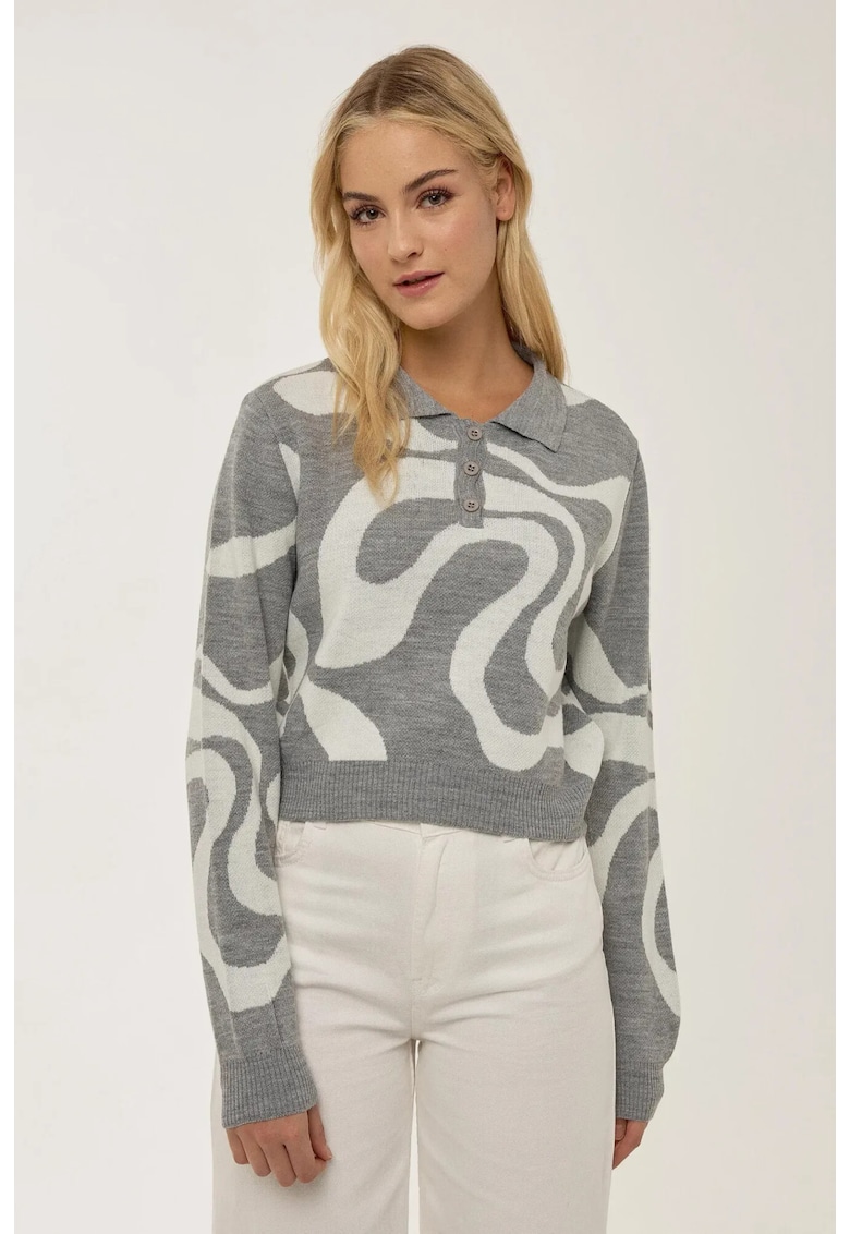 Pulover tricotat  jacquard - guler polo - gri - acril