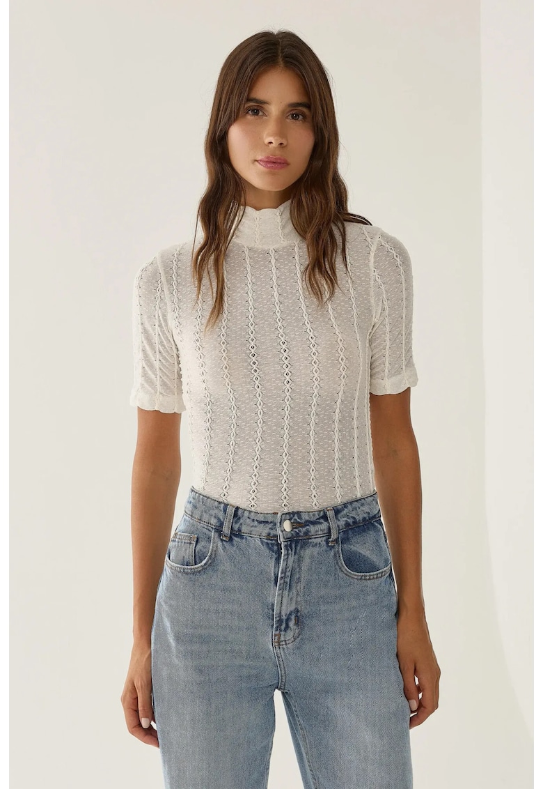 Bluza dama - texturata - maneca lunga - slim fit - alb - poliester