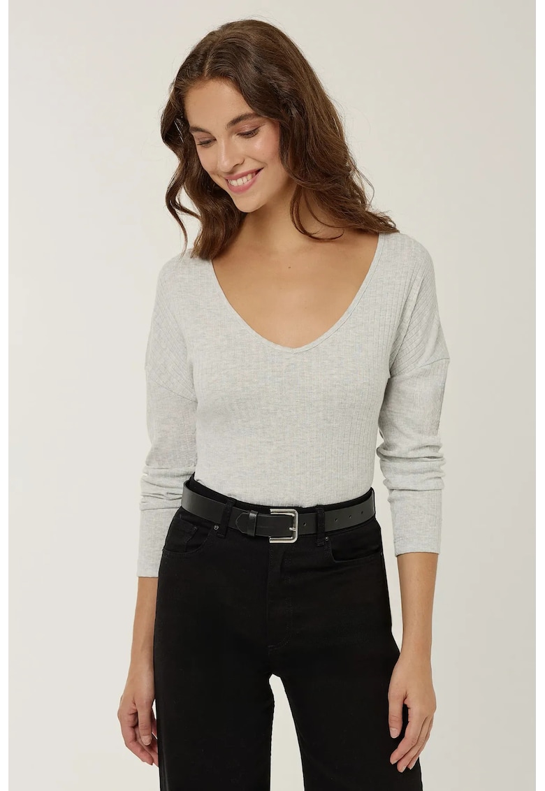 Bluza dama - slim fit - decolteu in V - maneca lunga - gri - jerseu poliester viscoza -