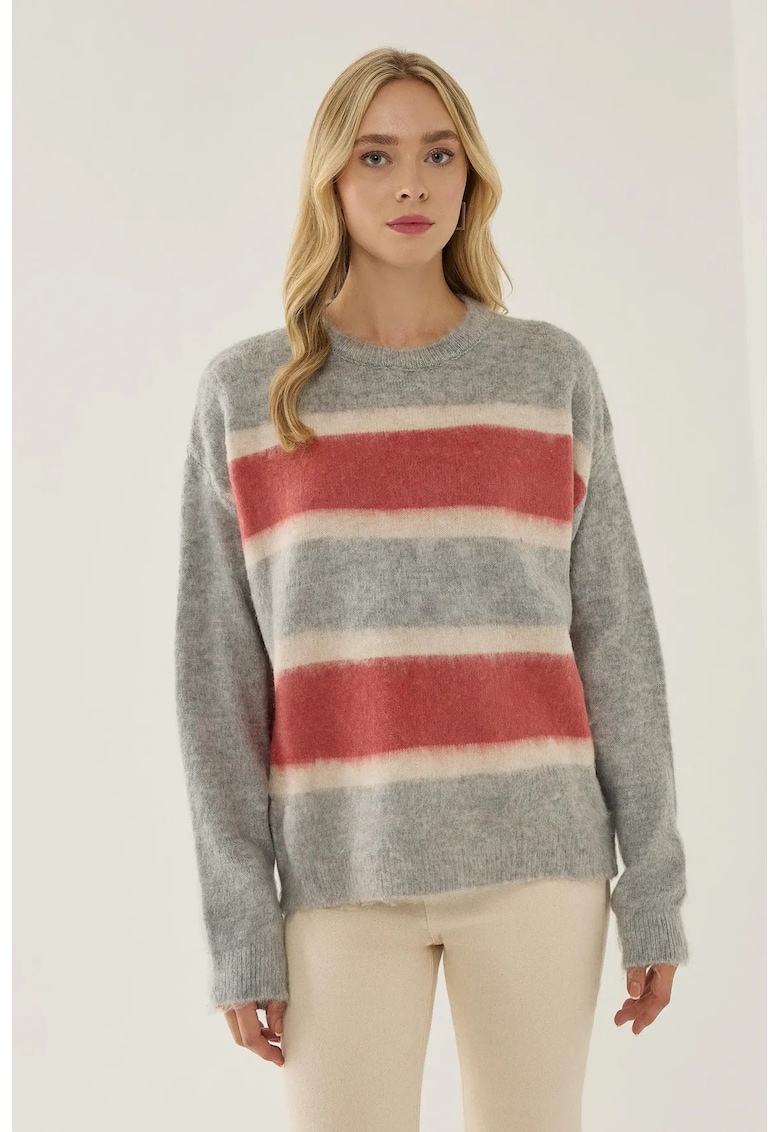Pulover dama - Relaxed Fit - dungi colorate - gri - acril