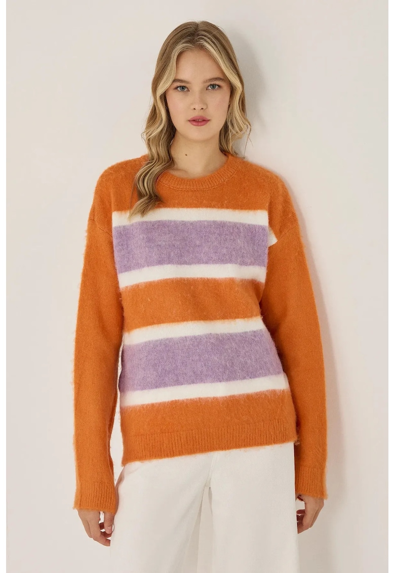 Pulover dama  Relaxed Fit - dungi colorate - roz-portocaliu - acril
