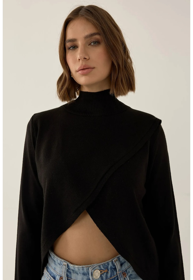 Pulover dama tricotat - asimetric - guler inalt - negru - acril