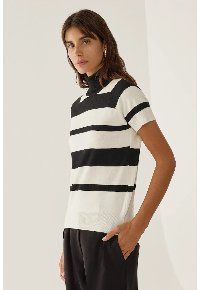 Pulover dama - top tricotat cu guler inalt - dungi - negru - tricot