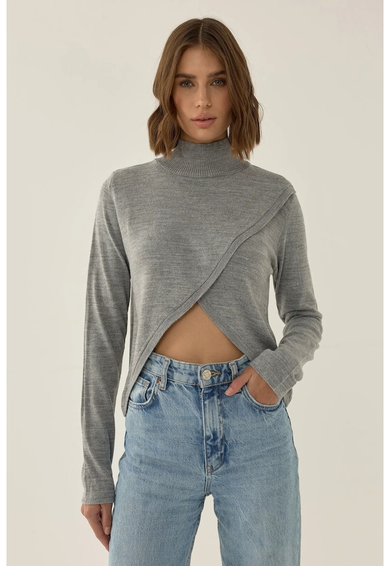 Pulover dama asimetric - guler inalt - gri - tricot