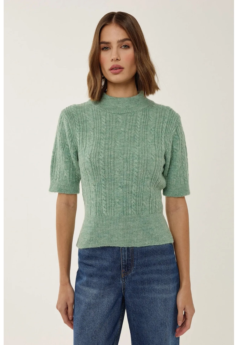 Pulover tricotat - guler inalt - maneci scurte - verde - acril Pulover tricotat - guler inalt - maneci scurte - verde - acril