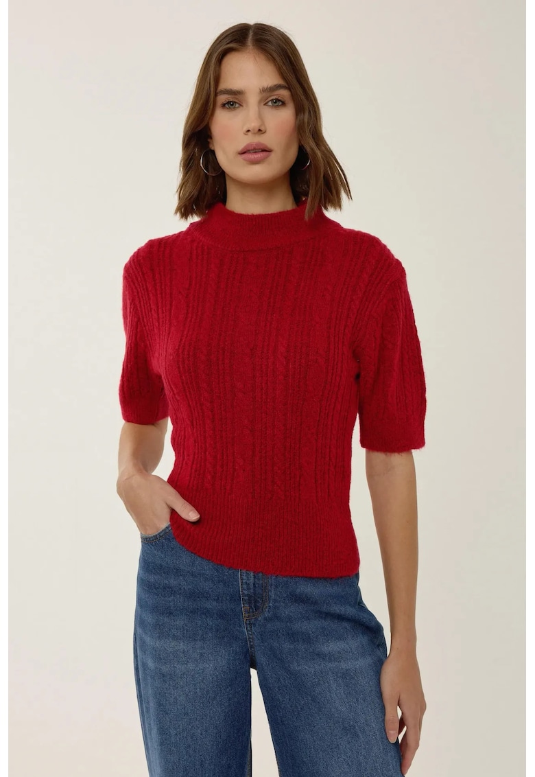 Pulover tricotat - guler inalt - maneci scurte - rosu - acril