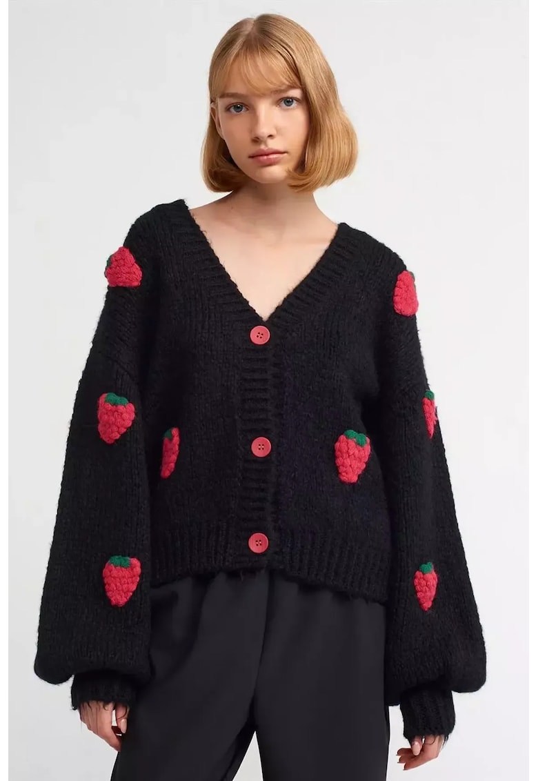 HiCCUP Cardigan supradimensionat - tricotat cu capsuni - negru - acril