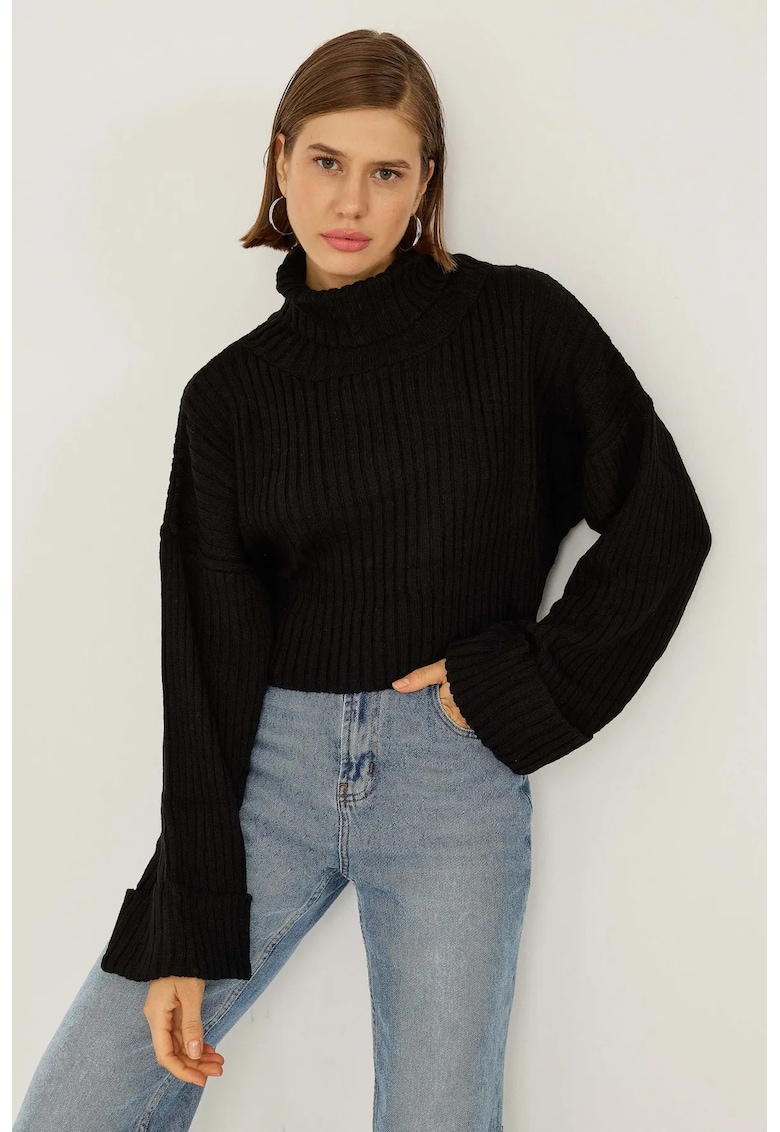 Pulover dama supradimensionat - guler inalt - negru - acril