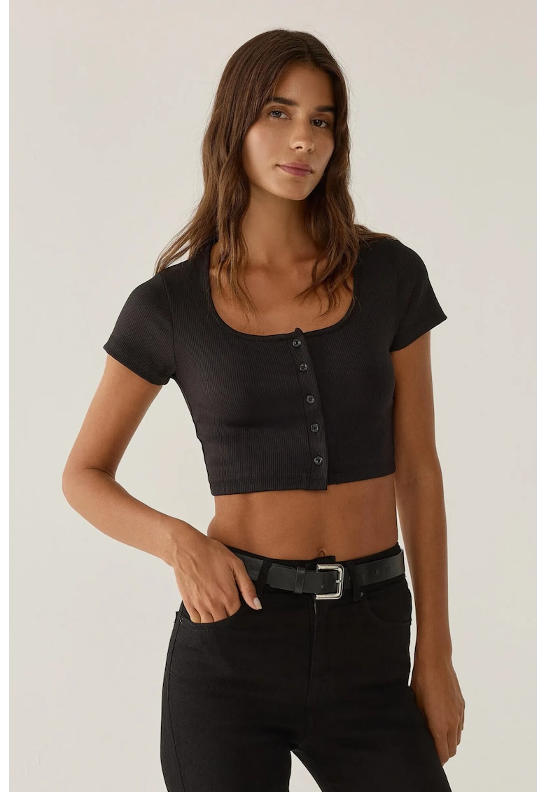 Top scurt - guler polo - detalii cu nasturi - negru