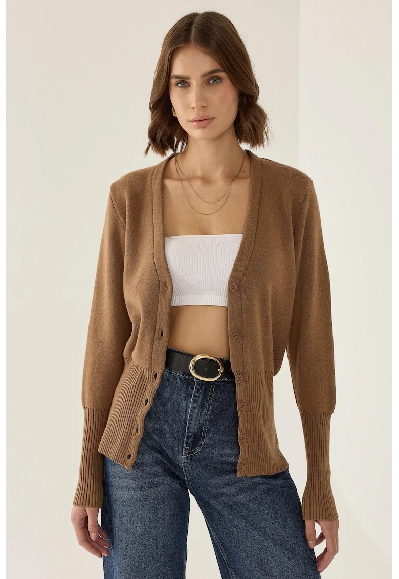 Cardigan - tricotat semi-fit - decolteu in V - maro - acril