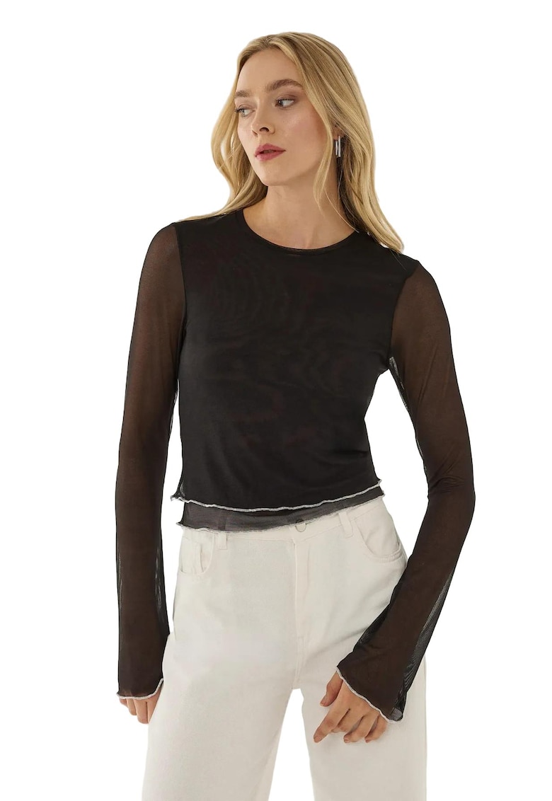 Bluza dama - semitransparenta - guler rotund - negru - poliester