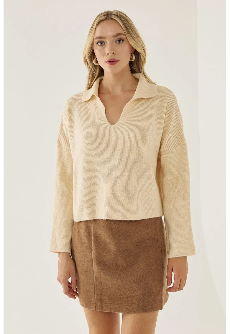 Pulover dama guler camasa - croiala lejera - natural - acril