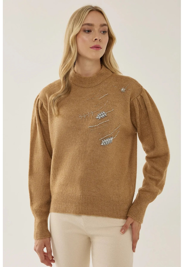 Pulover dama - tricotat brodat - elegant - maro - acril