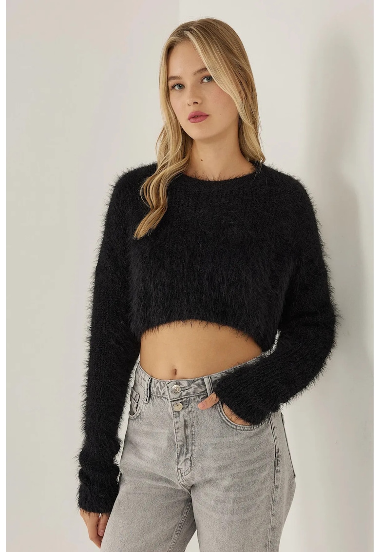 Pulover dama cu guler rotund - texturat - negru - acril