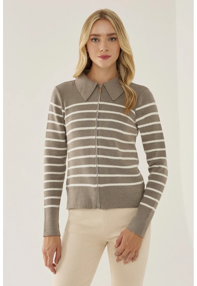 Cardigan dama cu guler camasa si fermoar - dungi - gri - acril