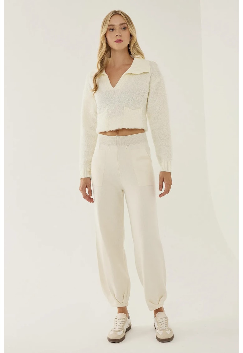 Pantaloni jogger - tricotati - talie inalta - culoare natur - fabricati din material acrilic -