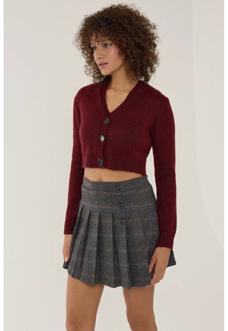 Pulover dama - set de doua piese tricotate - decolteu in V - detaliu cu nasturi - rosu - acril