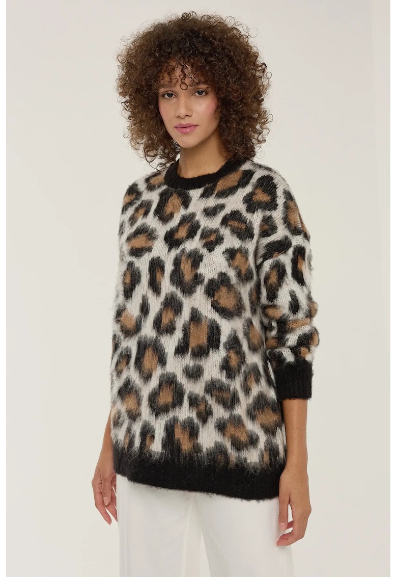 Pulover tricotat - imprimeu leopard - multicolor - acril