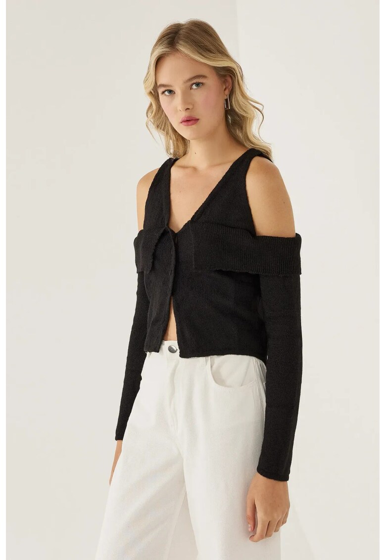 Pulover tricotat decupat - negru - acril - pentru femei