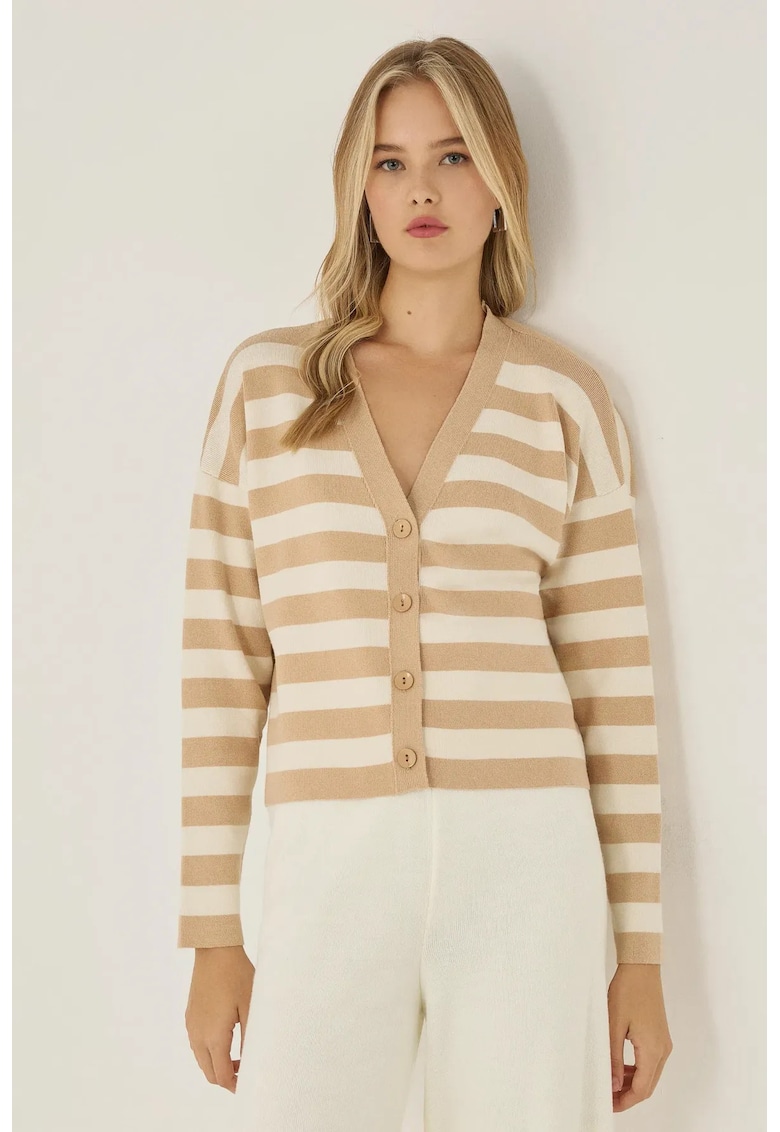 Cardigan - cu decolteu in V si nasturi - maro - viscoza