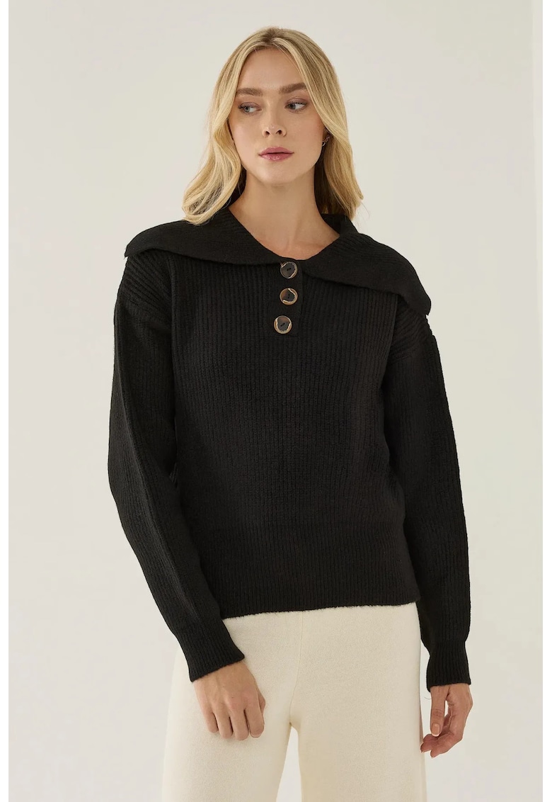 Pulover dama cu guler sal si nasturi - negru - acril
