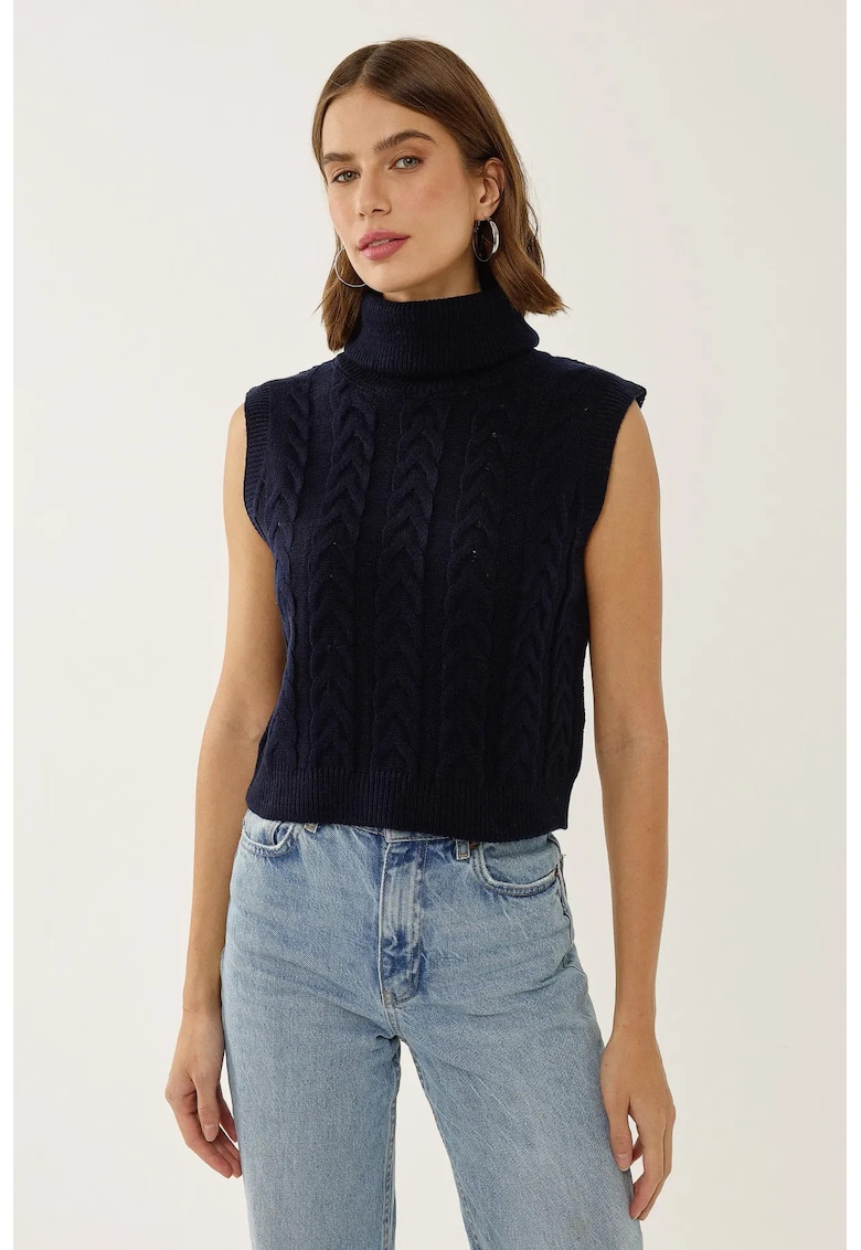 Vesta tricotata guler inalt - model impletituri - albastru - acril