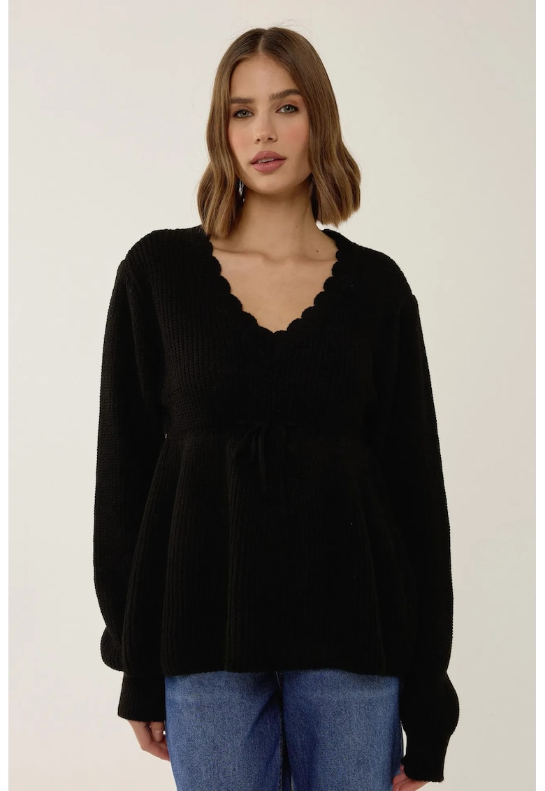 Pulover dama - decolteu in V - maneci cazute - negru - acril