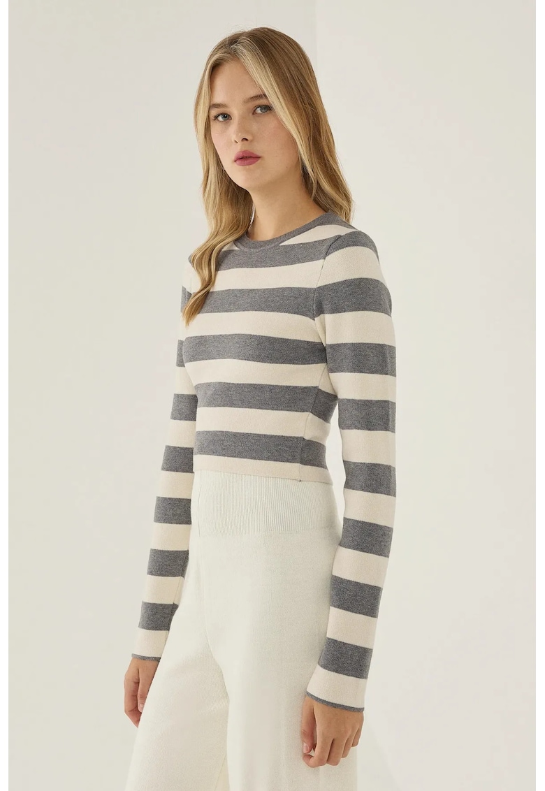 Pulover dama - guler rotund - dungi - gri/alb - acril