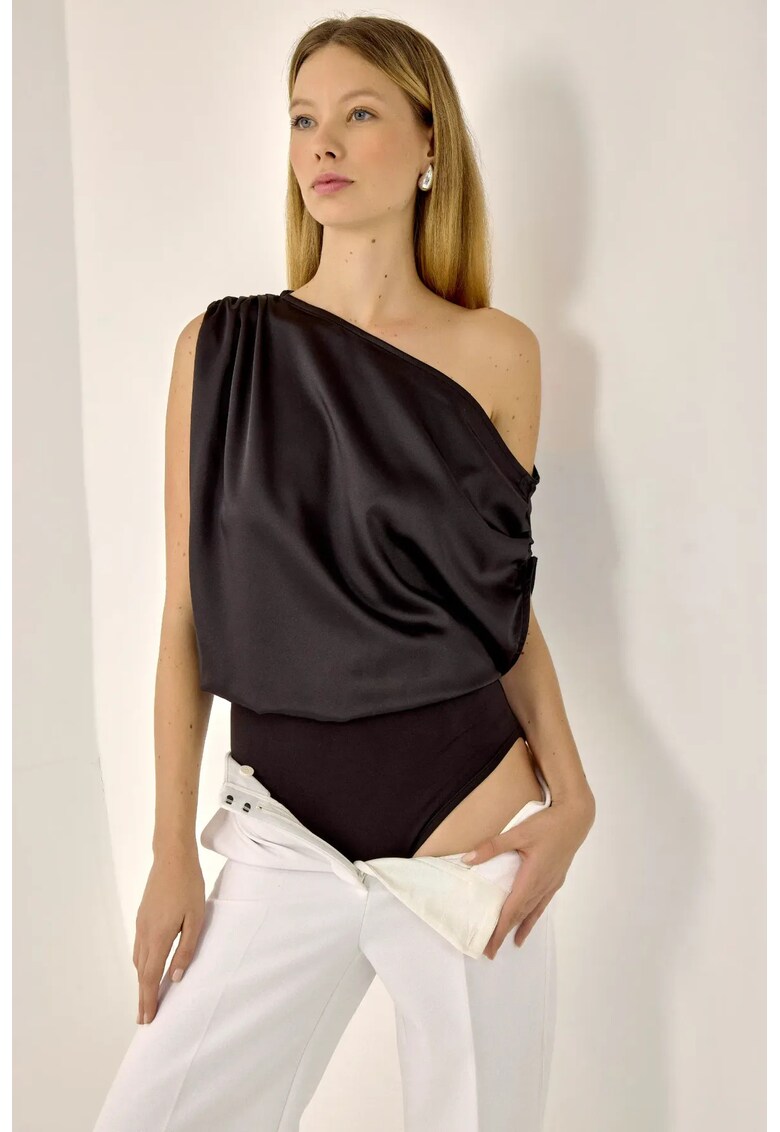 Body din satin guler asimetric - negru - poliester