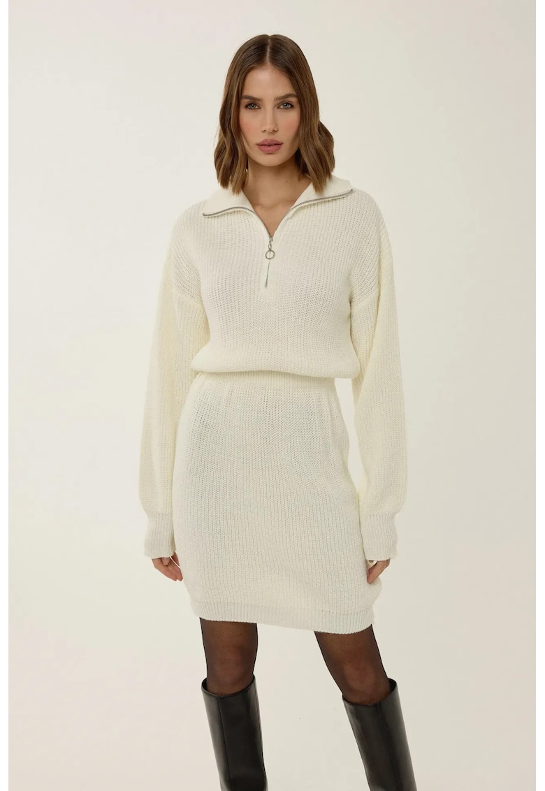 Rochie mini tricotata - talie inalta - bej - jerseu