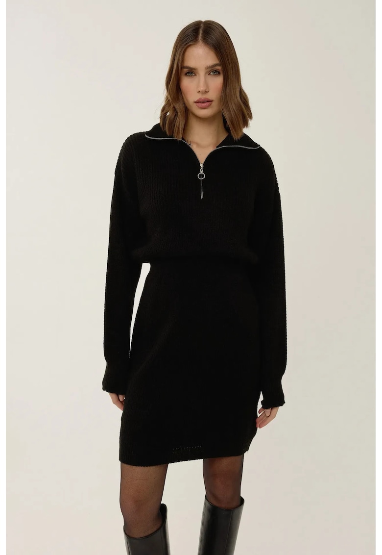 Rochie mini tricotata guler cu fermoar - talie inalta - neagra - jerseu