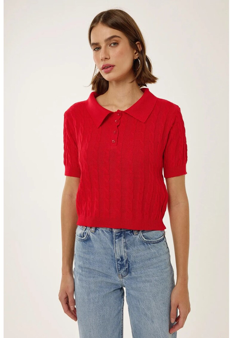 Top tricotat - guler de camasa - model impletituri - rosu - acril