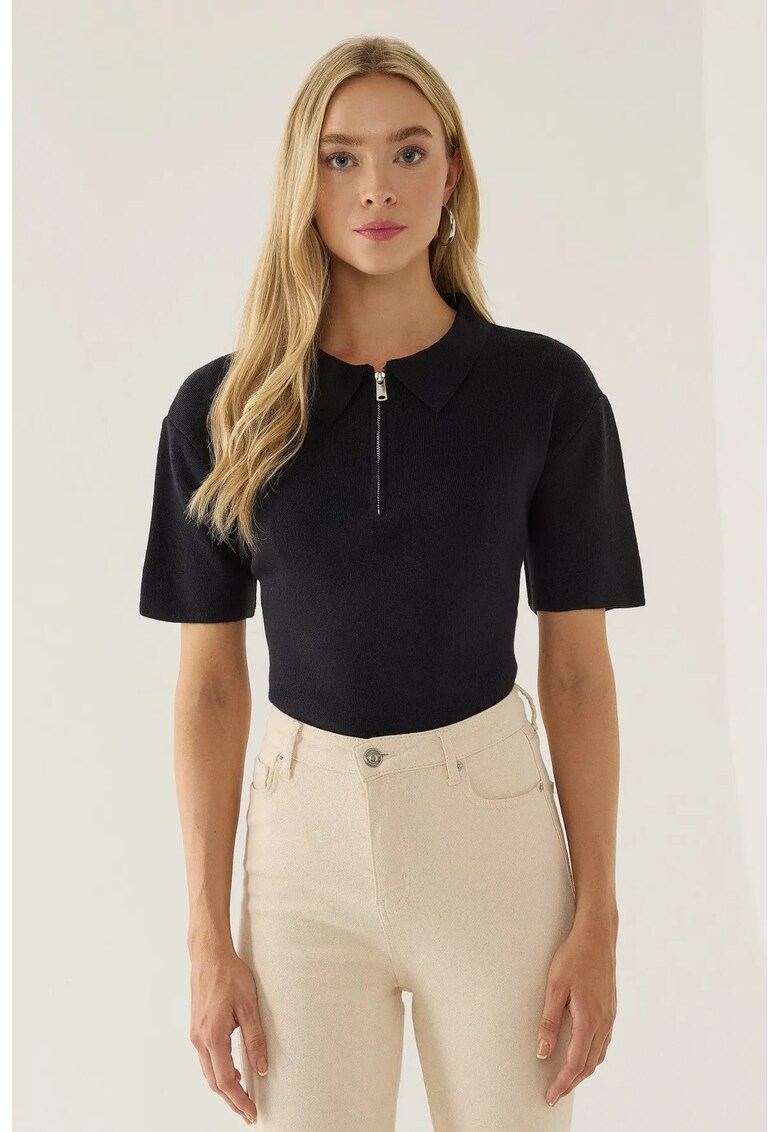 Pulover dama guler polo - fermoar - albastru - acril