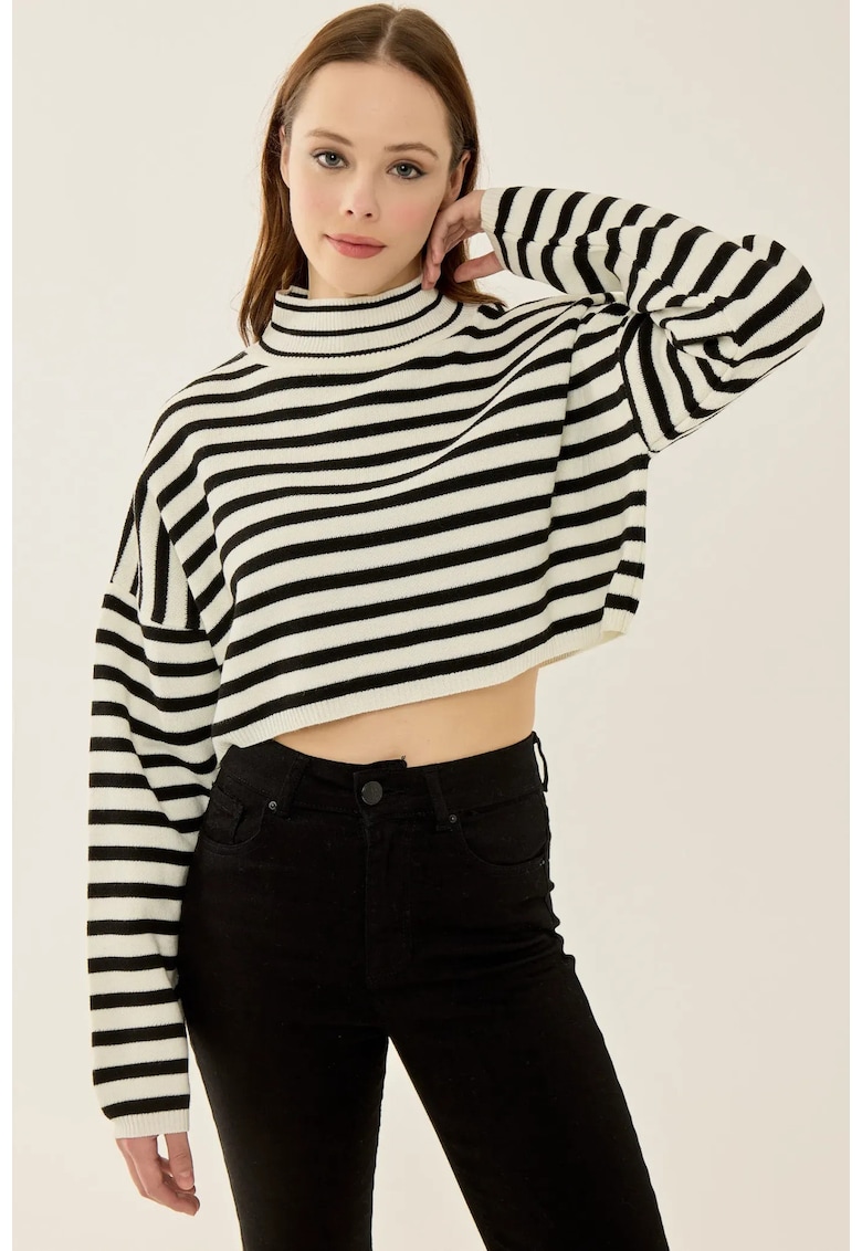 Pulover dama - scurt cu guler inalt - dungi - negru - acril