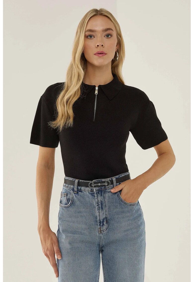 Pulover dama cu guler polo si fermoar - negru - acril/tricot