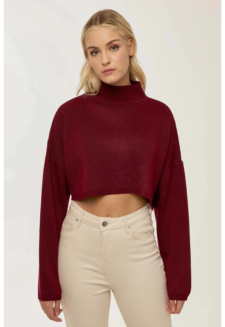 Pulover dama - scurt cu guler inalt - dungi - rosu - tricot