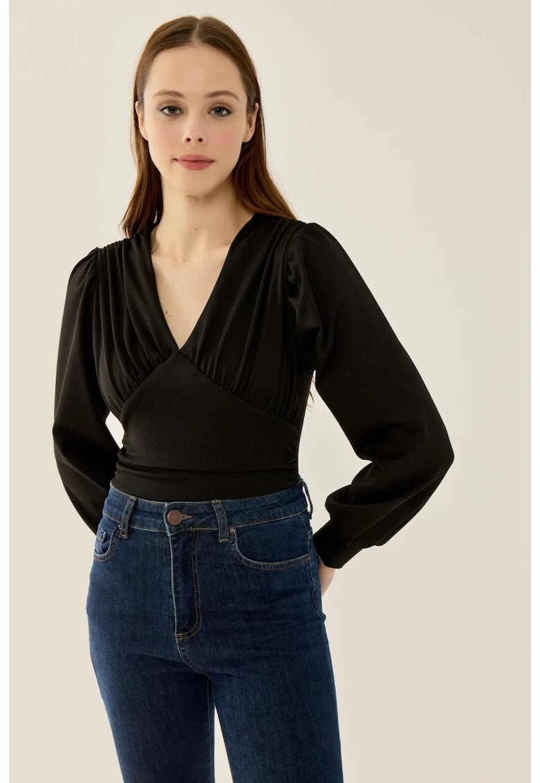 Body Slim Fit - decolteu in V - maneci balon - negru - poliester