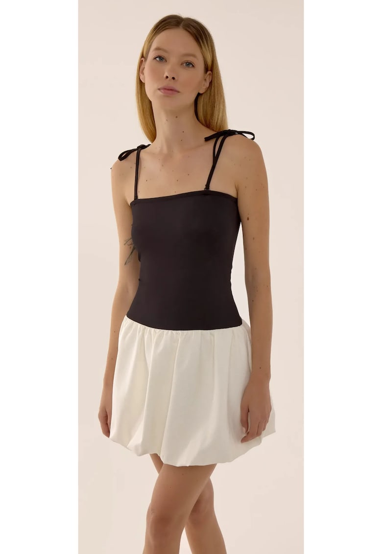 Rochie mini - slim fit - decolteu patrat - tiv tip balon - neagra - poliester