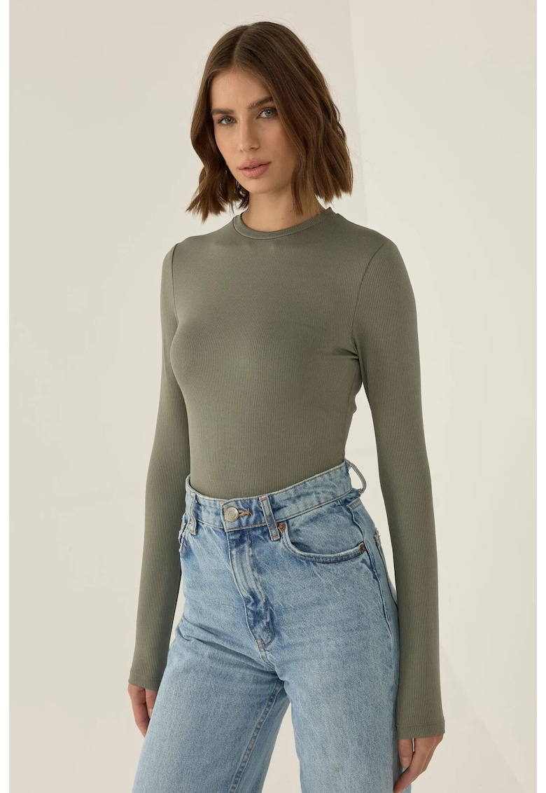 Body dama slim fit - maneca lunga - guler rotund - verde - poliester