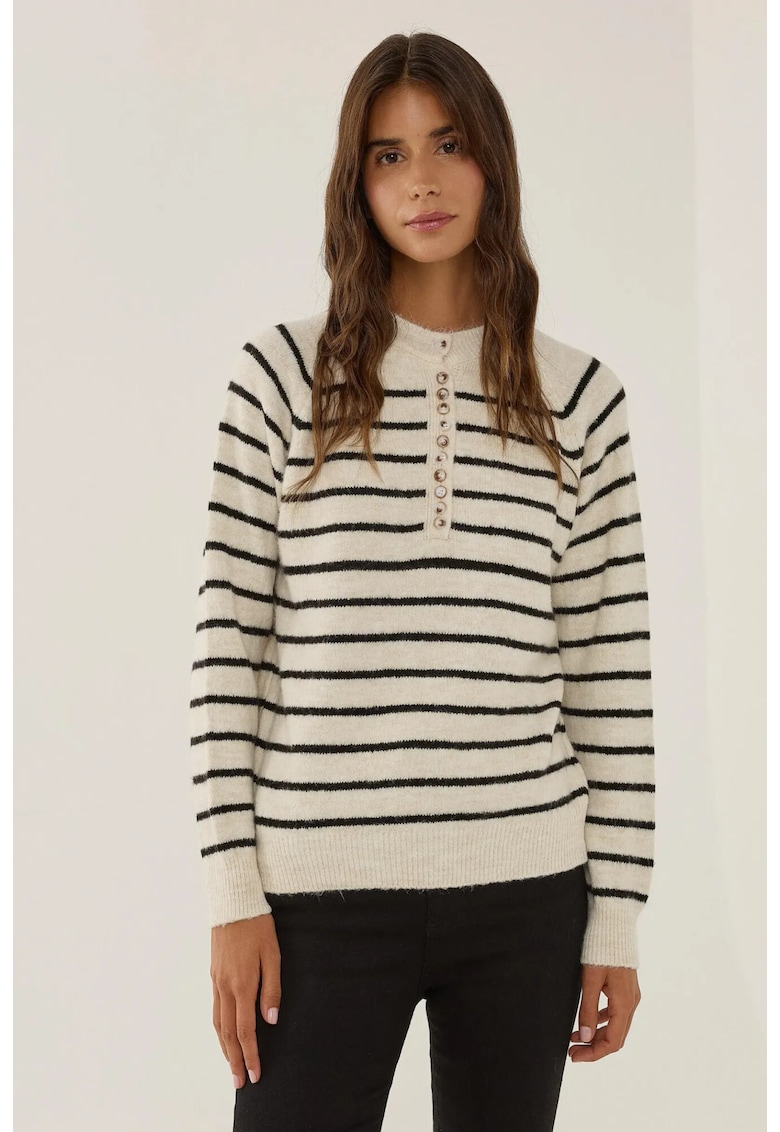 Pulover dama cu dungi - nasturi - alb/negru - acril