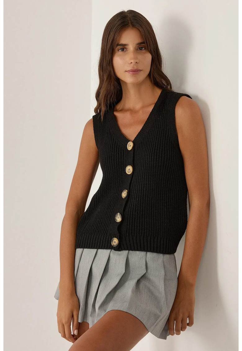 Pulover tricotat - cu nasturi - negru - acrilic