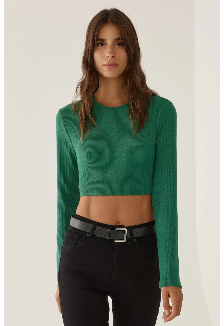 Bluza crop cu maneca lunga din amestec de bumbac